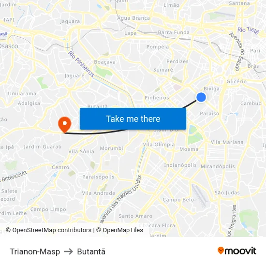Trianon-Masp to Butantã map