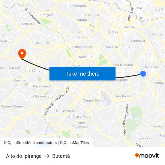 Alto do Ipiranga to Butantã map
