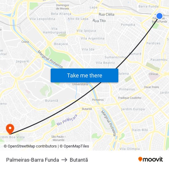 Palmeiras-Barra Funda to Butantã map