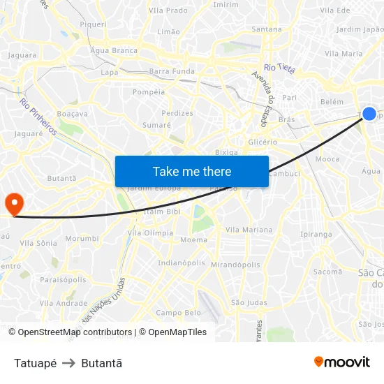 Tatuapé to Butantã map