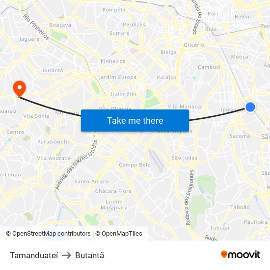 Tamanduateí to Butantã map