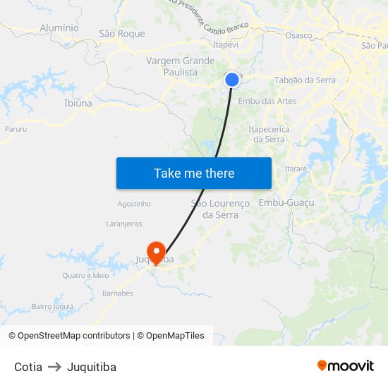 Cotia to Juquitiba map