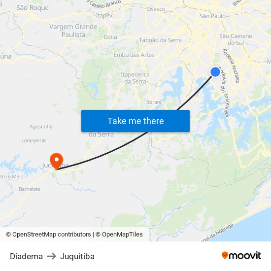Diadema to Juquitiba map