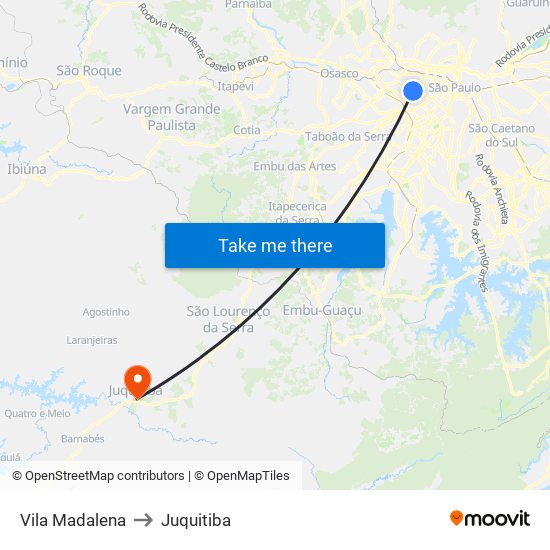Vila Madalena to Juquitiba map