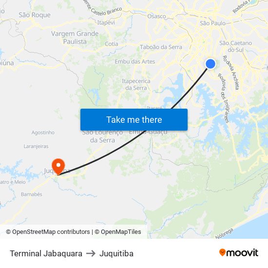 Terminal Jabaquara to Juquitiba map