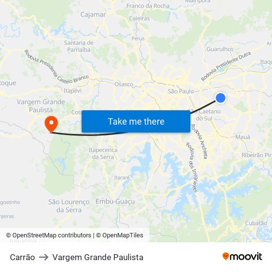 Carrão to Vargem Grande Paulista map