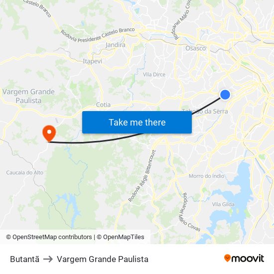 Butantã to Vargem Grande Paulista map