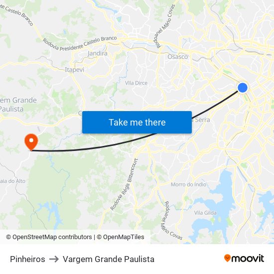 Pinheiros to Vargem Grande Paulista map