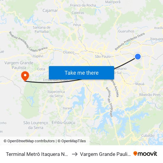 Terminal Metrô Itaquera Norte to Vargem Grande Paulista map