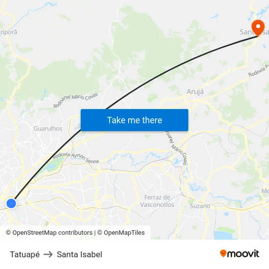 Tatuapé to Santa Isabel map