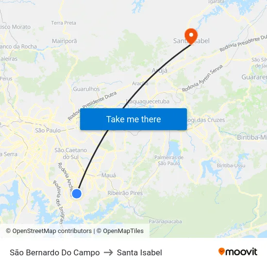 São Bernardo Do Campo to Santa Isabel map