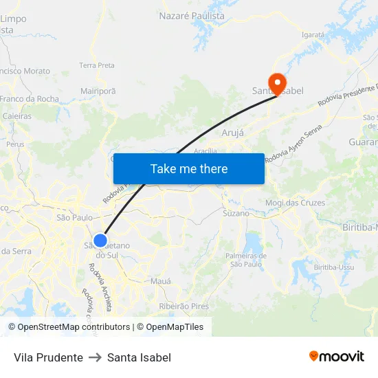 Vila Prudente to Santa Isabel map