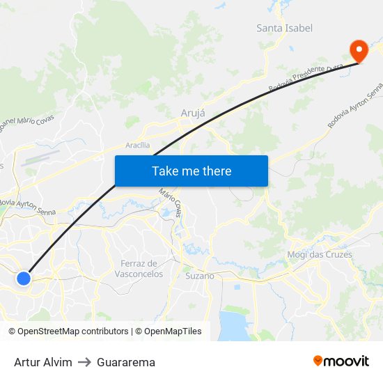 Artur Alvim to Guararema map