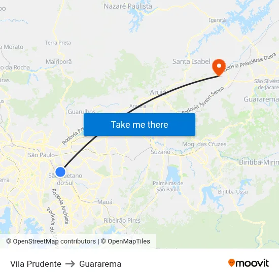 Vila Prudente to Guararema map