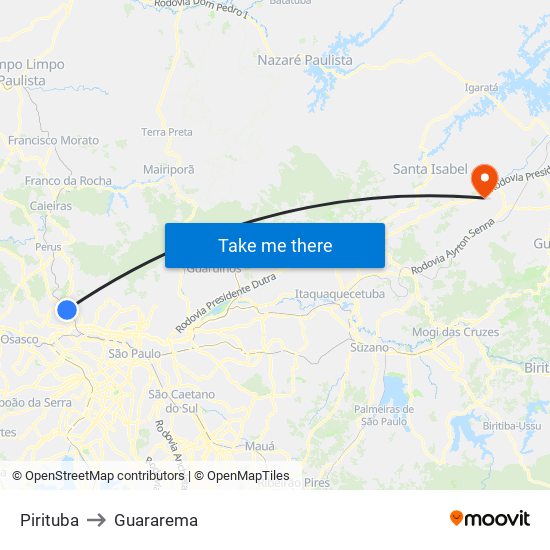 Pirituba to Guararema map