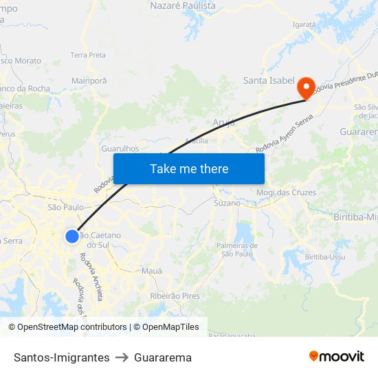 Santos-Imigrantes to Guararema map
