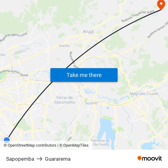 Sapopemba to Guararema map