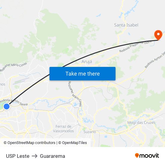 USP Leste to Guararema map
