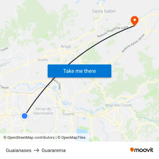 Guaianases to Guararema map