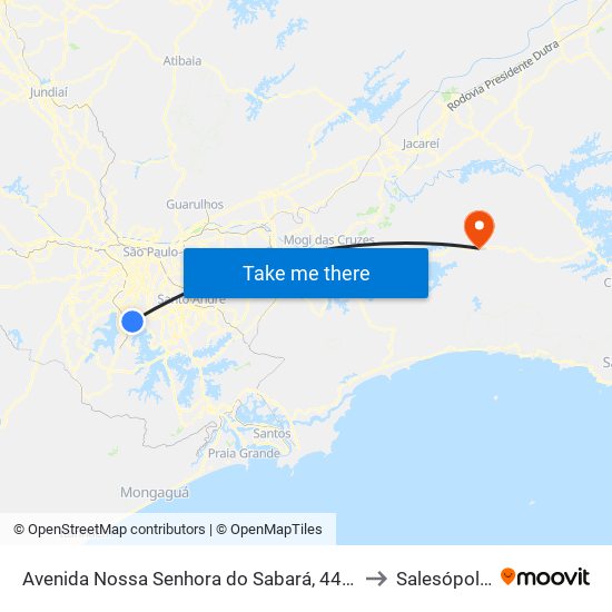 Avenida Nossa Senhora do Sabará, 4455 to Salesópolis map