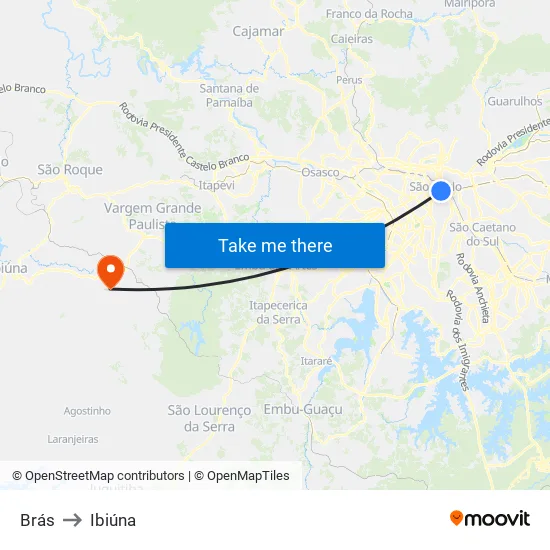 Brás to Ibiúna map