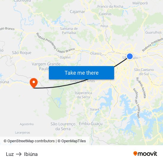 Luz to Ibiúna map