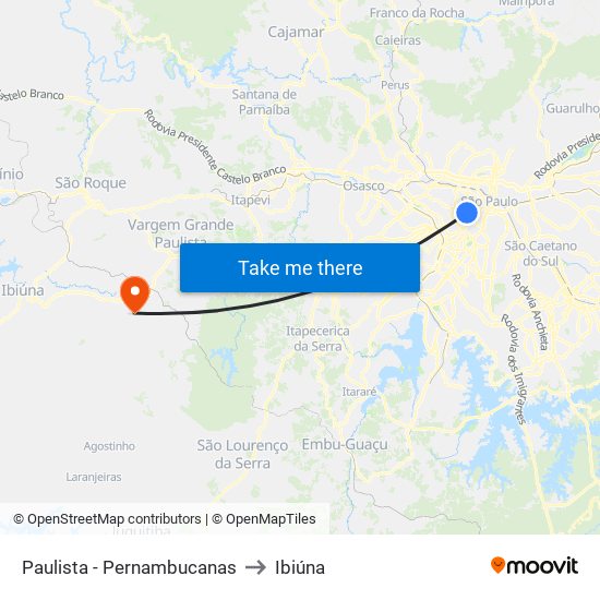 Paulista - Pernambucanas to Ibiúna map
