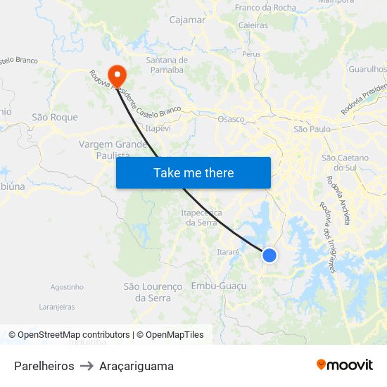 Parelheiros to Araçariguama map