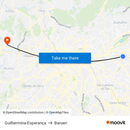 Guilhermina-Esperança to Barueri map