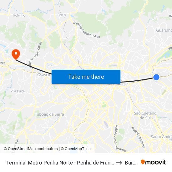 Terminal Metrô Penha Norte - Penha de França, São Paulo to Barueri map