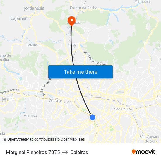 Marginal Pinheiros 7075 to Caieiras map