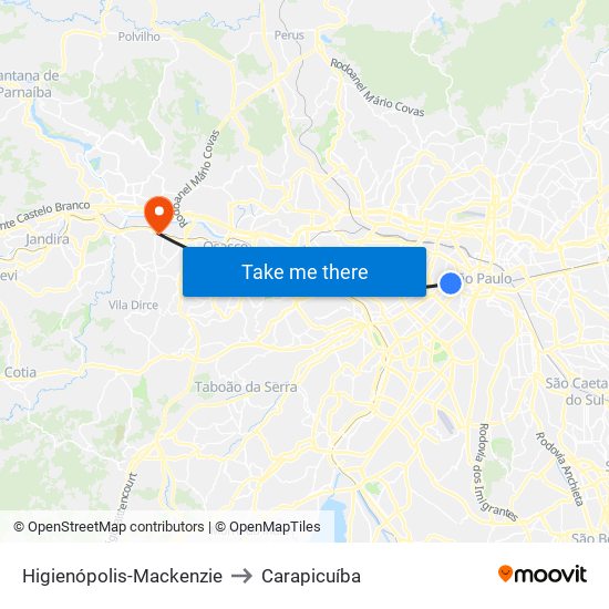 Higienópolis-Mackenzie to Carapicuíba map