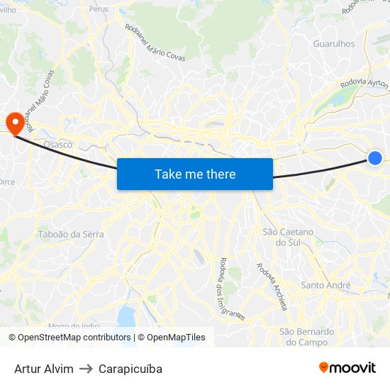 Artur Alvim to Carapicuíba map