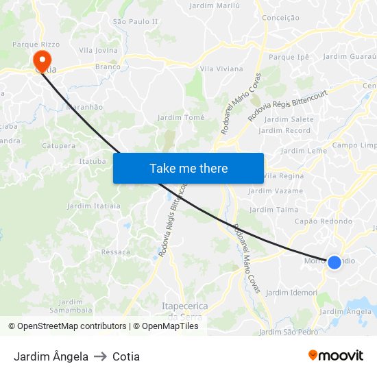 Jardim Ângela to Cotia map