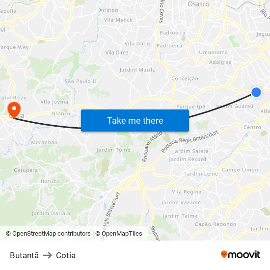 Butantã to Cotia map