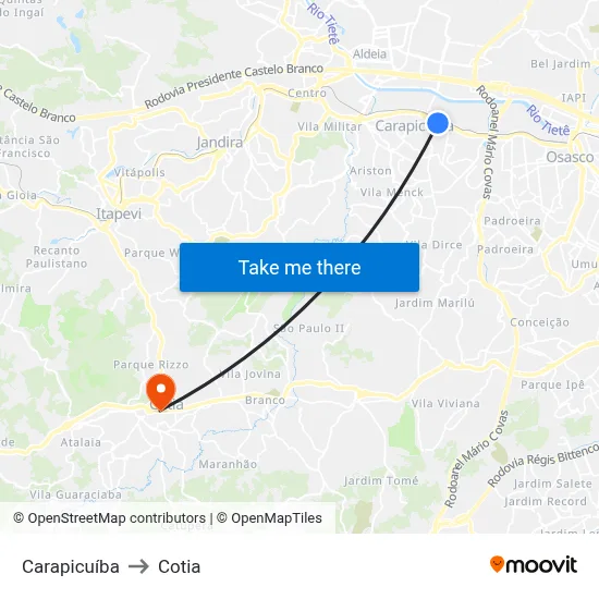 Carapicuíba to Cotia map