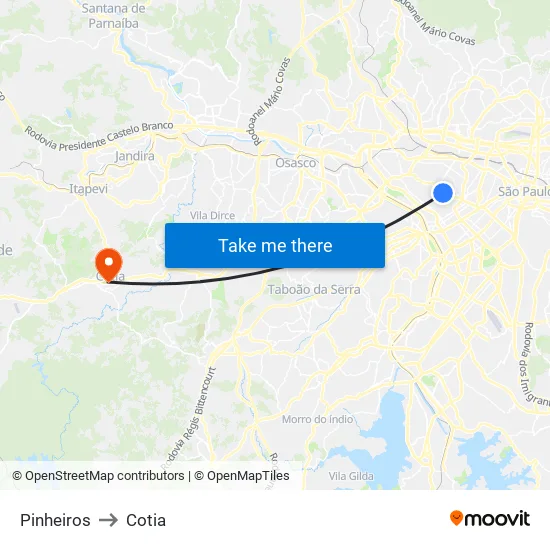 Pinheiros to Cotia map
