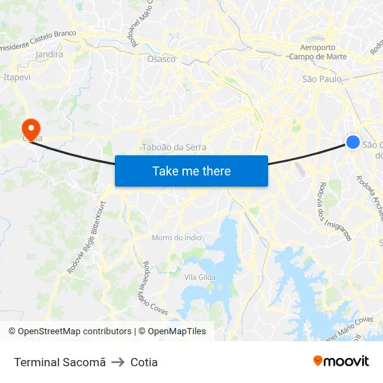 Terminal Sacomã to Cotia map
