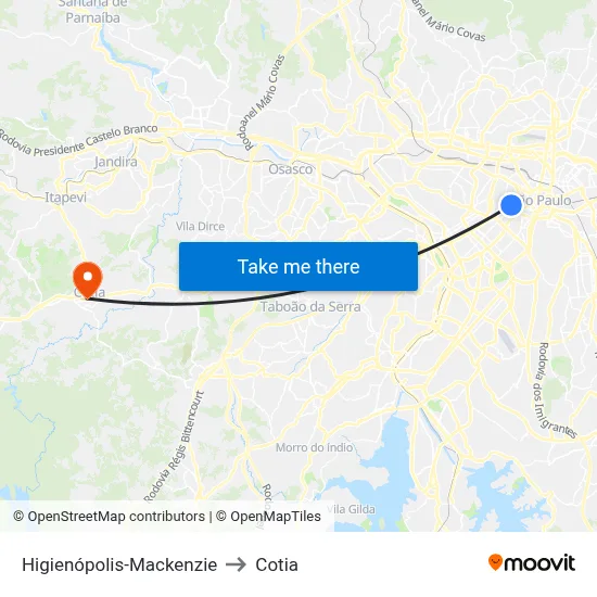 Higienópolis-Mackenzie to Cotia map