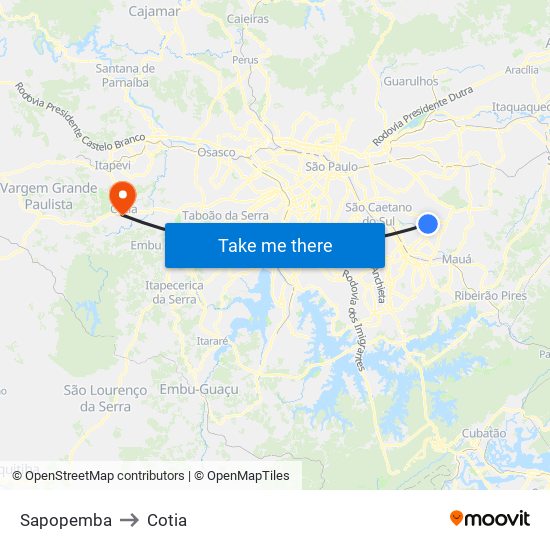 Sapopemba to Cotia map