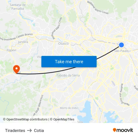 Tiradentes to Cotia map