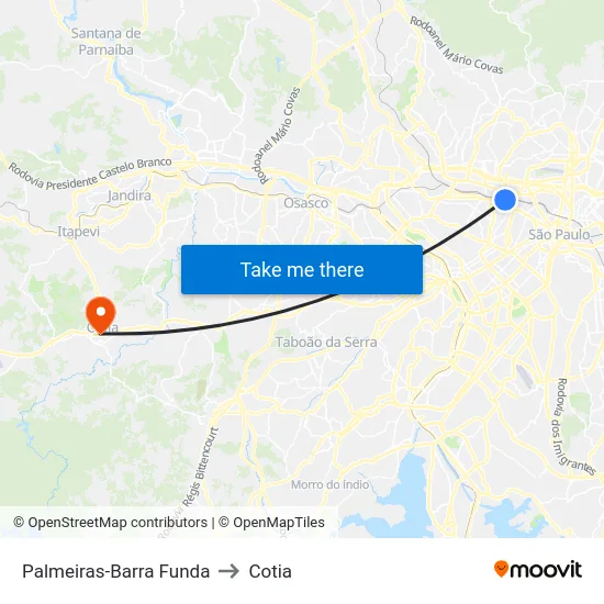 Palmeiras-Barra Funda to Cotia map