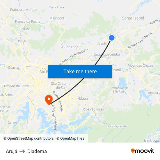 Arujá to Diadema map
