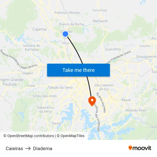 Caieiras to Diadema map