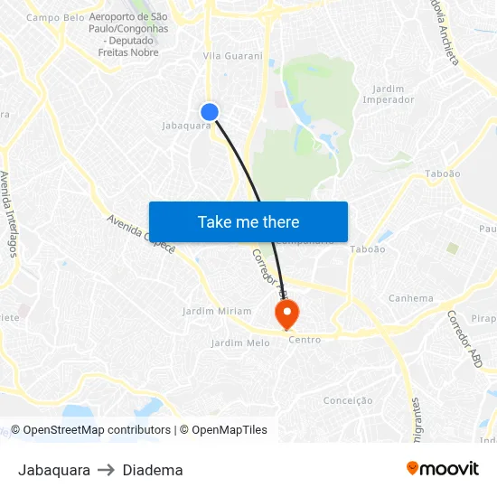 Jabaquara to Diadema map