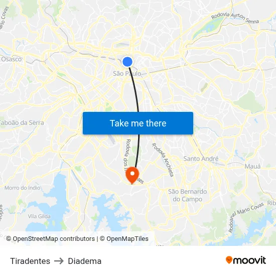 Tiradentes to Diadema map