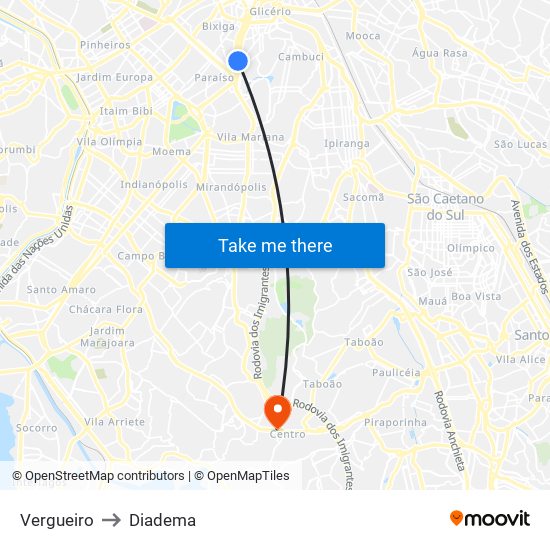 Vergueiro to Diadema map