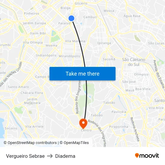 Vergueiro Sebrae to Diadema map
