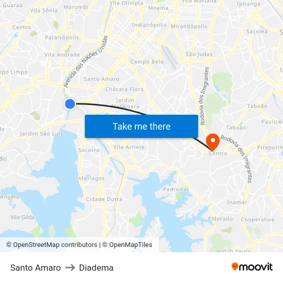 Santo Amaro to Diadema map