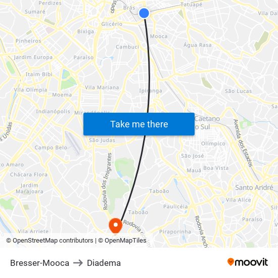 Bresser-Mooca to Diadema map